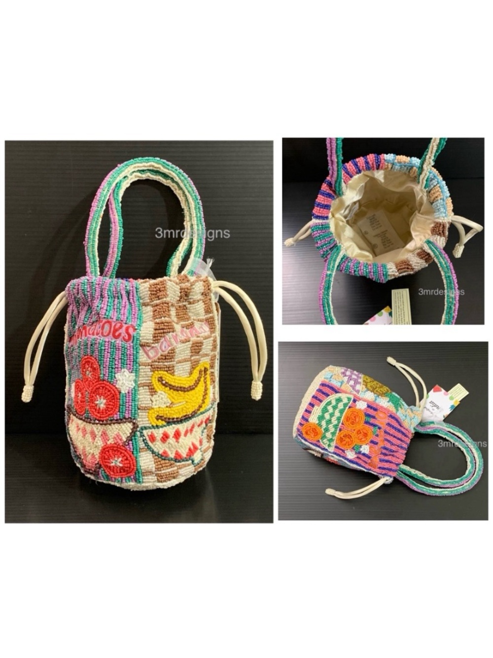 NWT Viral HANDCRAFTED IN INDIA Beaded FRUITS Drawstring Bucket Double-Handle Bag